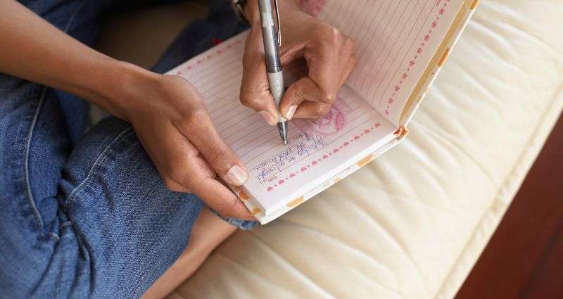 A person sitting cross-legged and practicing their daily rituals by writing in a journal with a pen, capturing thoughts or reflections in a lined notebook.