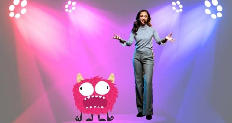 A woman stands confidently on a brightly lit stage with pink and purple spotlights. Next to her is a cartoonish red monster with big eyes and a nervous expression. The image represents a mind trick, “The Shadow,” inspired by The Tools book, which involves visualizing your fear or insecurity as a silly creature to reduce its power and step into confidence.