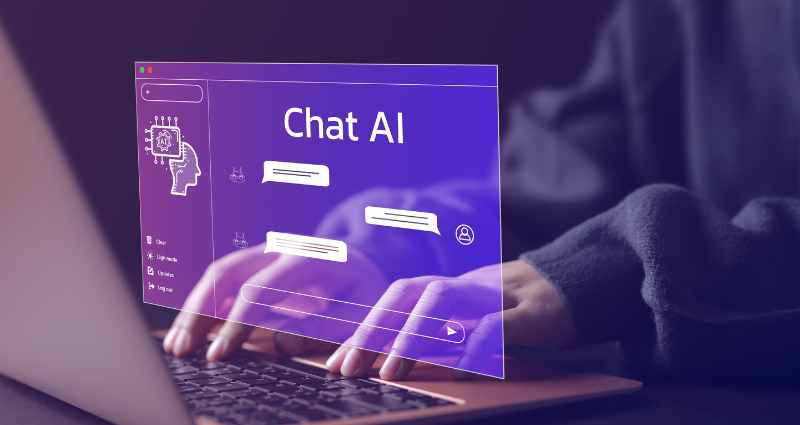 A person typing on a computer with a sign Chat AI