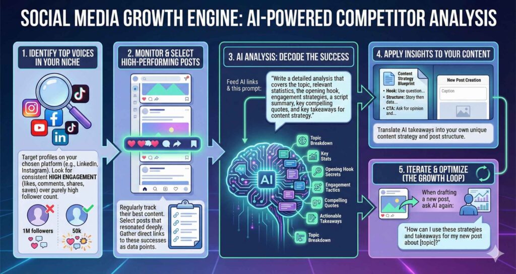 Step-by-step infographic explaining an AI-powered social media growth engine, from identifying top voices to analyzing high-performing posts and iterating content, supporting AI-driven sales and audience growth.