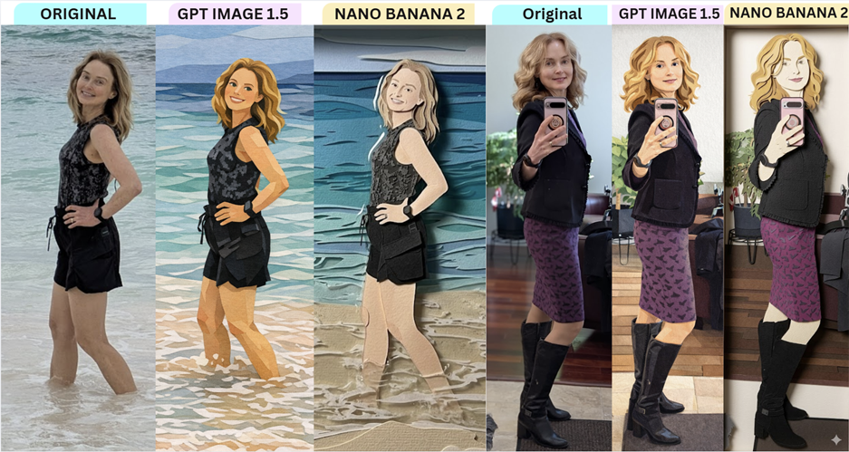 Side-by-side comparison of two original photos and their AI-generated versions labeled “GPT Image 1.5” and “Nano Banana 2.” In the first set, a woman standing in shallow ocean water is shown in the original photo, then transformed into a stylized, illustrated version by GPT Image 1.5 and a flatter, more muted, cutout-style rendering by Nano Banana 2. In the second set, a woman taking a mirror selfie indoors is shown in the original photo, then re-rendered in a cartoon-like style by GPT Image 1.5 and a simplified, flatter illustrated style by Nano Banana 2. The layout highlights stylistic differences between the two AI image models compared to the originals.