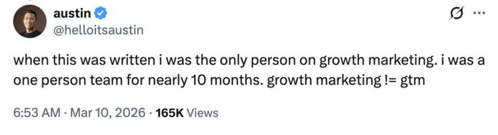 Screenshot of an X (formerly Twitter) post by austin (@helloitsaustin), verified account, posted March 10, 2026 at 6:53 AM with 165K views. Post reads: 'when this was written i was the only person on growth marketing. i was a one person team for nearly 10 months. growth marketing != gtm.' Caption below image reads: Image | Related X post (Source: X).
