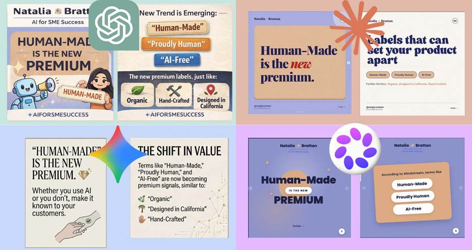 Side-by-side comparison of carousel slides from ChatGPT, Gemini, Claude, and Meta AI, showing differences in editable visuals, brand accuracy, and design quality.