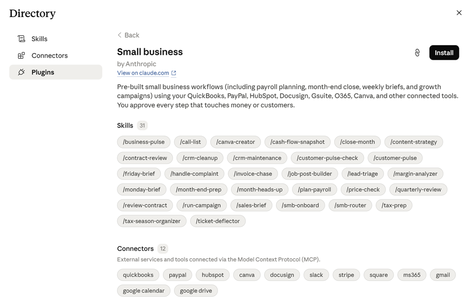 Screenshot of a directory interface featuring the “Small business” plugin by Anthropic, including a description of pre-built workflows, a list of skills, and integrations like QuickBooks, PayPal, HubSpot, and Google Drive.