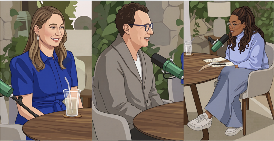 AI-generated illustration of Oprah Winfrey interviewing Anthropic co-founders Dario and Daniela Amodei in a podcast-style studio setting with microphones, wooden tables, soft neutral tones, and greenery in the background.