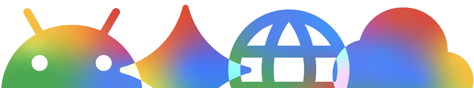 Banner featuring colorful Google AI-themed icons, including Android, Gemini, web, and cloud symbols in a rainbow gradient style.