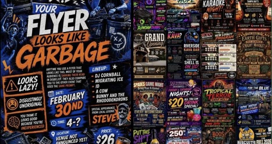 A collection of event flyers displayed side by side. On the left is a prominent blue and orange flyer with bold text reading 'YOUR FLYER LOOKS LIKE GARBAGE,' criticizing poor design choices with labels like 'LOOKS LAZY!' and 'DISGUSTINGLY UNORIGINAL.' It lists obviously flawed event details including an impossible date (February 30th), uncertain time (4-?), vague location ('VENUE NOT YET SPECIFIED'), and nonsensical lineup acts. The remaining flyers show various nightlife and event promotions with dark backgrounds, neon colors, and typical venue event details. Image credit: Jill Oliver and 404 Media's 'ChatGPT flyer pandemic.'