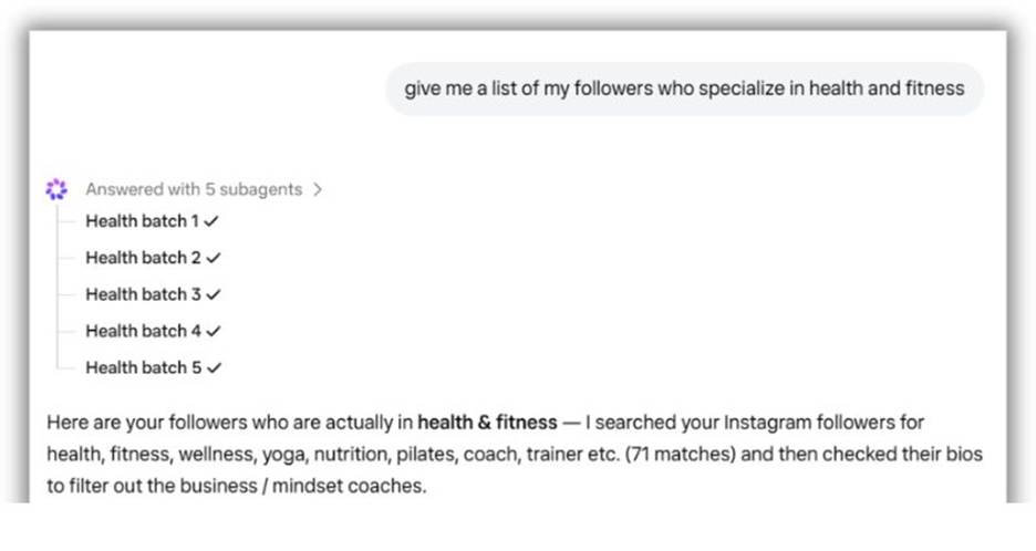 Screenshot of an AI assistant searching Instagram followers for people specializing in health and fitness. The AI reports finding 71 matches and filtering their bios to exclude business and mindset coaches.