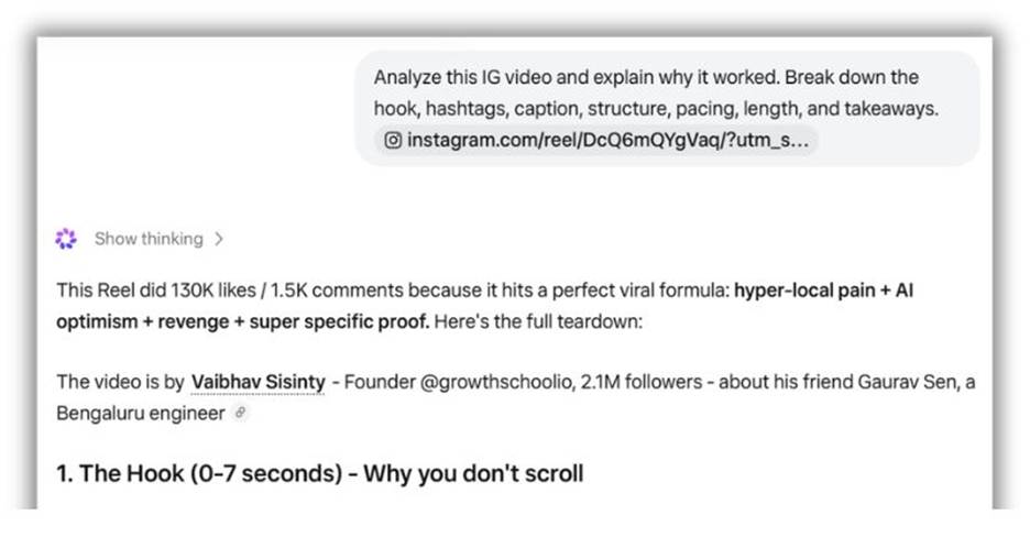 Screenshot of an AI assistant analyzing an Instagram Reel, explaining its 130K likes and 1.5K comments through factors including a hyper-local pain point, AI optimism, revenge, and specific proof. The analysis begins with a breakdown of the hook and why it prevents viewers from scrolling.