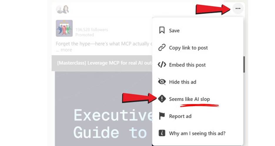 Screenshot of a LinkedIn post's dropdown menu with the "Seems like AI slop" reporting option highlighted, shown on a promoted MCP masterclass ad.