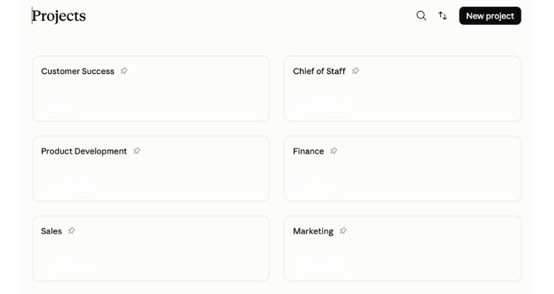 Screenshot of a "Projects" dashboard on a white background, with search, sort, and a black "New project" button in the top right. Six pinned project cards are laid out in two columns: Customer Success, Chief of Staff, Product Development, Finance, Sales, and Marketing.