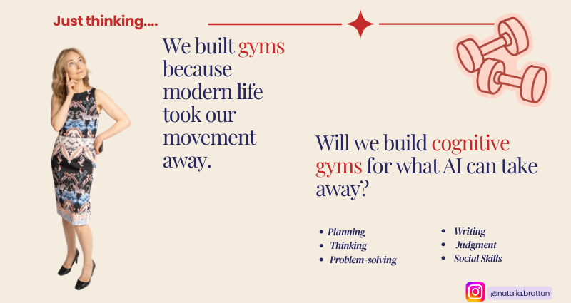 Cream-toned graphic titled "Just thinking…" A woman in a floral dress stands with her hand to her chin, looking up thoughtfully. Text reads: "We built gyms because modern life took our movement away. Will we build cognitive gyms for what AI can take away?" A dumbbell illustration sits top right, and a list below names planning, thinking, problem-solving, writing, judgment and social skills.