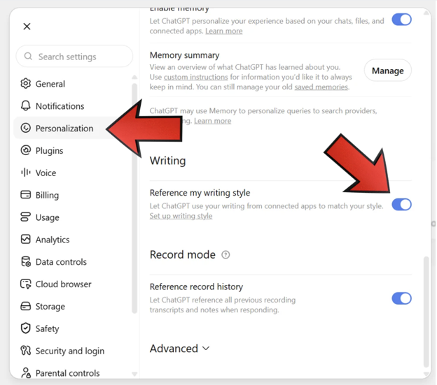 Screenshot of ChatGPT settings with the Personalization menu and “Reference my writing style” toggle highlighted by red arrows, showing where users can enable ChatGPT to match their writing style using content from connected apps.
