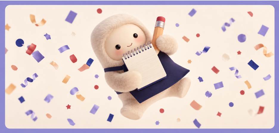Smiling, fluffy cream-colored plush character in a navy apron holding a spiral notepad and pencil, surrounded by colorful falling confetti.